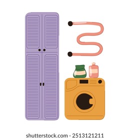 Interior of a home laundry in flat style. Wardrobe, washing machine, laundry and cleaning products. House interior.