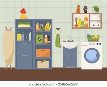 Interior of a home laundry room. Accessories for washing and ironing clothes. Washing machine, laundry basket, hygiene items. Ironing board and iron. Cabinet and shelf with hygiene items. Vector