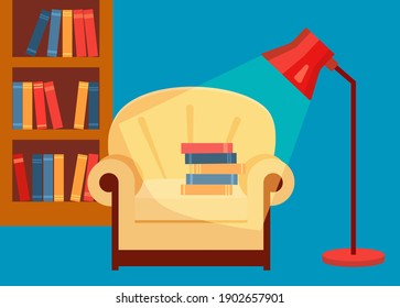 Interior Home library. Books are lying on a chair and a lamp is shining. Concept of warmth and comfort in house. Vector illustration  in cartoon style.