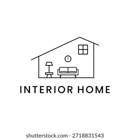 Vector interior del logotipo de la casa con el reloj de la lámpara del sofá de los muebles de la sala de estar de la casa y el icono de la ventana para la marca del diseño interior inmobiliario