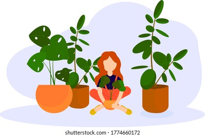 Interior with home plants. The girl is sitting against a background of greenery. Home garden. Background. Design. Vector illustration in flat style