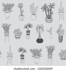 interior home plants vector seamless hand drawn pattern