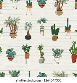 interior home plants vector seamless hand drawn pattern