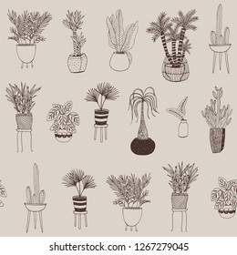 interior home plants vector seamless hand drawn pattern