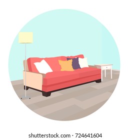 The interior of the home. For website, print, posters, presentations. Flat design vector illustration. Sofa with table.