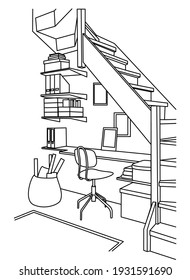 Interior at home. Workplace under the stairs. Linear vector of home interior with furniture.