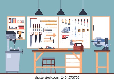 Interior of home workshop with tools, work table and special machines. Different construction equipment and supplies for craftsman and carpenter. Cartoon flat isolated vector concept