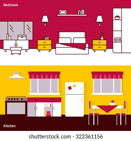  Interior horizontal banners set with bedroom and kitchen design flat isolated vector illustration 