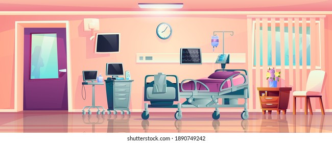 Interior Of Hospital Ward Room, Post-operation Recovery Bed And Medical Equipment Cartoon Design. Vector Monitors For Patient Supervision, Clinic Furniture, Dropper And Clock, Computer And Folder