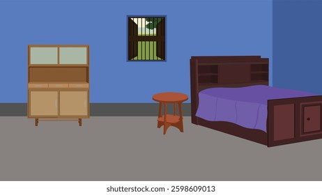 interior of a hotel room inside background design. A bedroom with a bed, dresser, and nightstand. The bed has a purple bedsheet and the dresser is brown