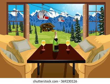 Interior of a hotel room in ski resort in summer