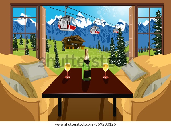 Interior of a\
hotel room in ski resort in\
summer