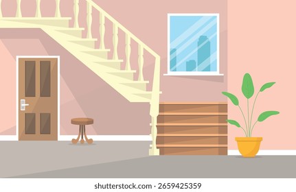 Interior de una casa o apartamento con una escalera al segundo piso. Compra y venta.