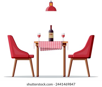 Interior de la casa comedor, mesa con sillas y lámpara. Restaurante o cafetería, botella de vino y copas. Concepto de cita romántica. Muebles aislados sobre blanco. Ilustración de vector plano de dibujos animados.