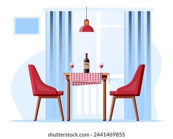 Interior de la casa comedor, mesa con sillas y lámpara. Restaurante o cafetería, botella de vino y copas. Concepto de cita romántica. Muebles aislados sobre blanco. Ilustración de vector plano de dibujos animados.