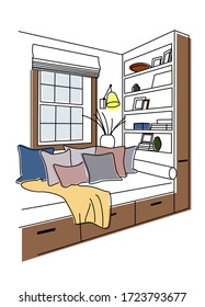 Interior of house equipped with furniture: sofa, shelves, lamp, books.