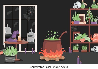 Interior of the house of evil witch vector flat cartoon illustration. Preparing poison in the pot, shelves with magical items, skulls, poisons, plants. Scary interior for Halloween party card design.