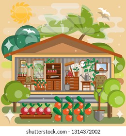 The interior of the house in the garden. Vector illustration.
