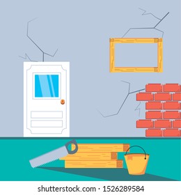 Inneneinrichtung des im Bau befindlichen Hauses mit Werkzeugen zur Vektorillustration