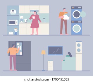 The interior of the house. A house with various home appliances and people living there. flat design style minimal vector illustration.