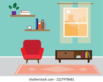 Innenraumvektor mit Stuhl, Tisch, Blume und Fenster innen. Illustration des Innenraums des Hauses.