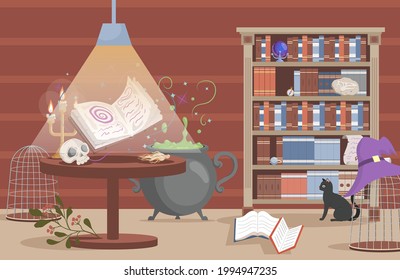 Interior of the house of witch vector flat cartoon illustration. Preparing poison in the cauldron, shelves with magical books, artifacts, poisons. Scary interior for Halloween party card design.