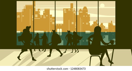 Interior with hurrying young people in a modern office building or city airport departure lounge