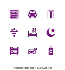 interior icon. 9 interior set with islam, pharmacy, hotel and bed vector icons for web and mobile app