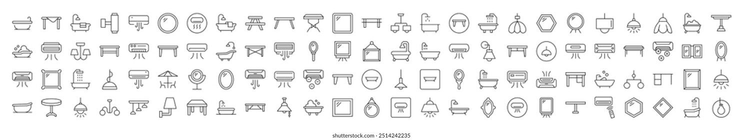 Interior Icon Bundle. Contains Icons of Conditioner, Mirror, Table, Lamp, Chandelier, Bathroom that Can Be Used for Design of Cards, Posts, Apps, Web Sites