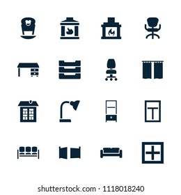 Interior icon. collection of 16 interior filled icons such as sofa, office desk, office chair, table box, fireplace, curtain, gate. editable interior icons for web and mobile.