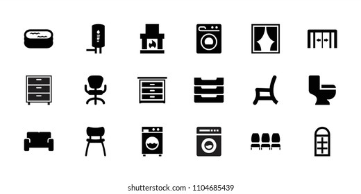 Interior icon. collection of 18 interior filled icons such as sliding doors, office chair, toilet, fireplace, outdoor chair, chair. editable interior icons for web and mobile.
