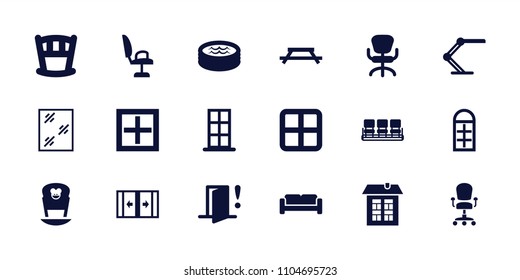 Interior icon. collection of 18 interior filled icons such as sofa, window, door, chair, office chair, table, baby bed, table lamp. editable interior icons for web and mobile.