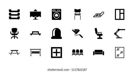 Interior icon. collection of 18 interior filled icons such as plan, barber chair, window, office chair, table, opened door. editable interior icons for web and mobile.