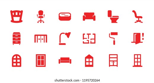 Interior icon. collection of 18 interior filled icons such as sliding doors, window, door, wardrobe, office chair, baby bed. editable interior icons for web and mobile.