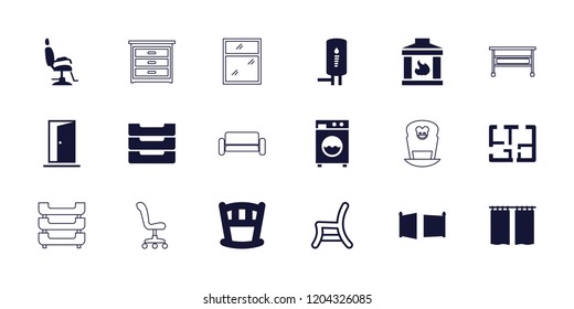 Interior icon. collection of 18 interior filled and outline icons such as baby bed, table box, plan, washing machine, geyser. editable interior icons for web and mobile.