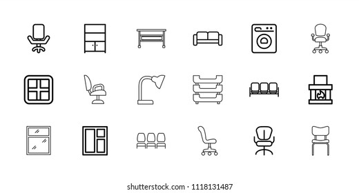Interior icon. collection of 18 interior outline icons such as sofa, window, office chair, fireplace, cupboard, washing machine. editable interior icons for web and mobile.