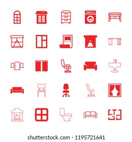 Interior icon. collection of 25 interior filled and outline icons such as window, sofa, plan, curtain, barber chair, office desk. editable interior icons for web and mobile.