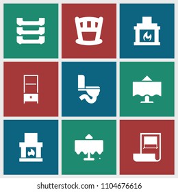 Interior icon. collection of 9 interior filled icons such as restaurant table, baby bed, fireplace, plan, toilet, table box. editable interior icons for web and mobile.