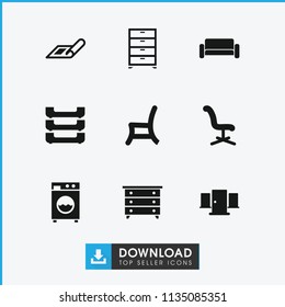 Interior icon. collection of 9 interior filled icons such as plan, nightstand, office chair, outdoor chair, washing machine, door. editable interior icons for web and mobile.