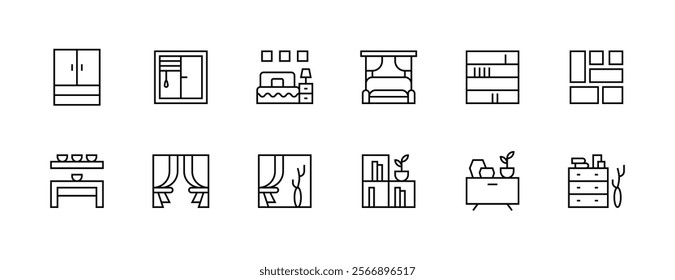 Interior icon collection. bookcase, sofa, cupboard, furniture, curtain, home decoration and more. Editable stroke. Pixel Perfect. Grid base 32px.