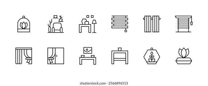 Interior icon collection. Home decoration, plant, furniture, window, curtain, armchair and more. Editable stroke. Pixel Perfect. Grid base 32px.