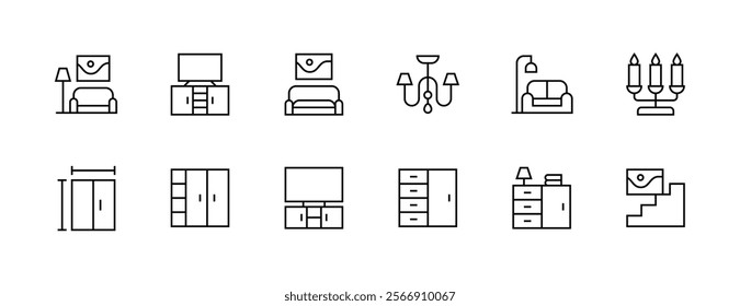 Interior icon collection. Home decoration, room design, decor, modern home, furniture and more. Editable stroke. Pixel Perfect. Grid base 32px.