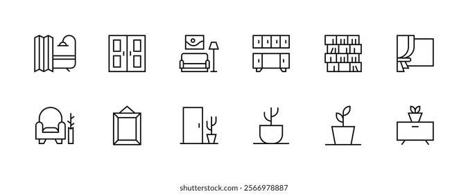 Interior icon collection. Home decoration, home design, furniture, armchair, plant, sofa and more. Editable stroke. Pixel Perfect. Grid base 32px.