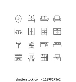 Interior Icon Design Vector Symbol Set including mirror, sofa, armchair, wardrobe, cabinet, cupboard, drawer, desk, bed, kitchen