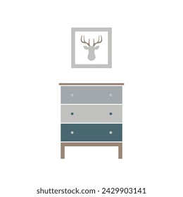 Icono interior en estilo plano. Cajonera y póster con cornamenta de ciervo. Icono de vector aislado sobre fondo blanco. Concepto de interior de muebles