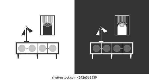 Interior icon with nightstand, table lamp and poster. Black and white. Outline furniture icon