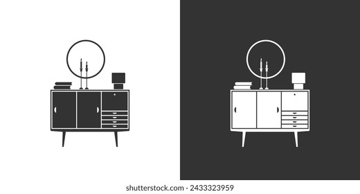 Icono interior sobre fondo blanco y negro. Icono de muebles planos con mesa de noche