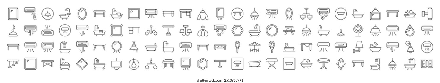 Interior Icon Pack. Contains Icons of Conditioner, Mirror, Table, Lamp, Chandelier, Bathroom that Can Be Used for Design of Cards, Posts, Apps, Web Sites