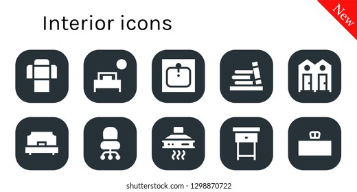  interior icon set. 10 filled interior icons. Simple modern icons about  - Sofa, Bed, Sink, Bookshelf, Dressing room, Single bed, Desk chair, Extractor hood, Nightstand, Desk