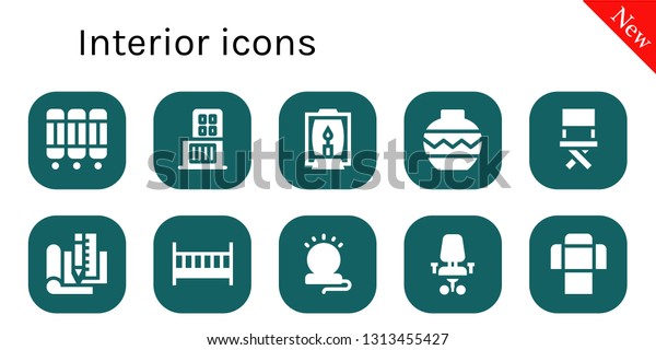 interior icon set. 10 filled interior icons. \
Collection Of - Room divider, Shopping center, Lamp, Vase, Chair,\
Plan, Cot, Desk chair,\
Sofa